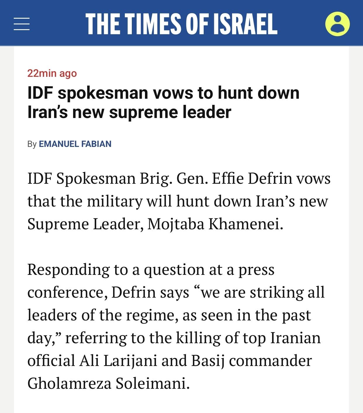 以媒：以军发言人誓言追杀伊朗新任最高领袖

以色列《以色列时报》官网3月18日报