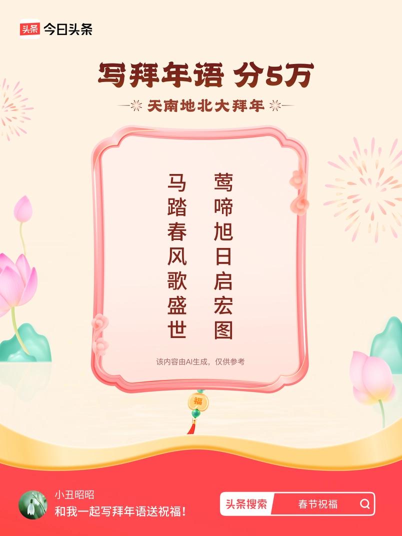 写拜年语送祝福新春拜年送祝福！我的祝福是：“马踏春风歌盛世，莺啼旭日启宏图”！快