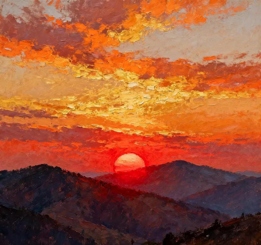 夕阳悬于西山，余晖将天际染成浓烈的橘红与绯红，层层彩霞如被点燃般绚烂。
下方的山