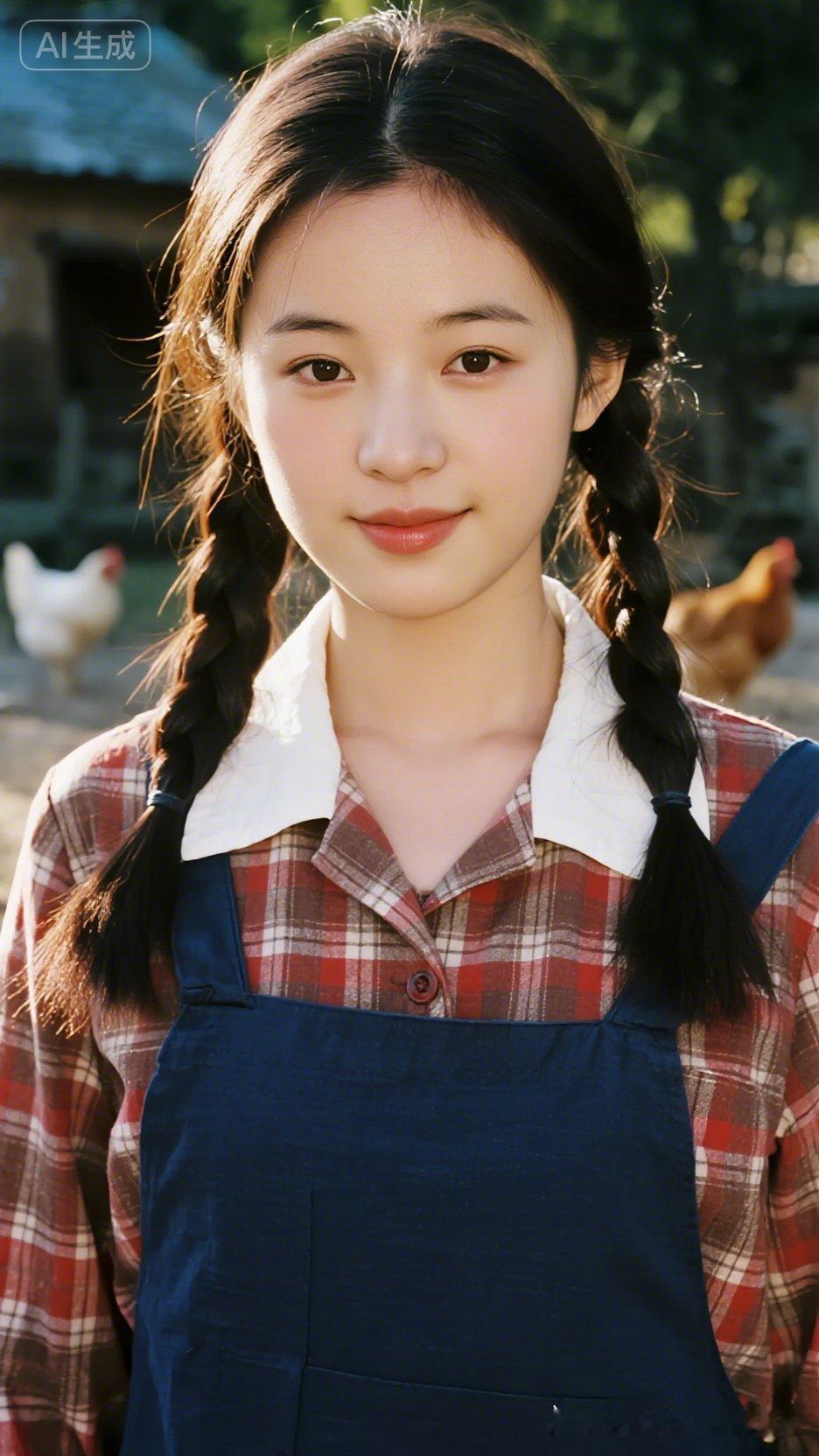田园少女，甜美笑容，红格子衬衫，蓝色背带裙，阳光下的美好时光。