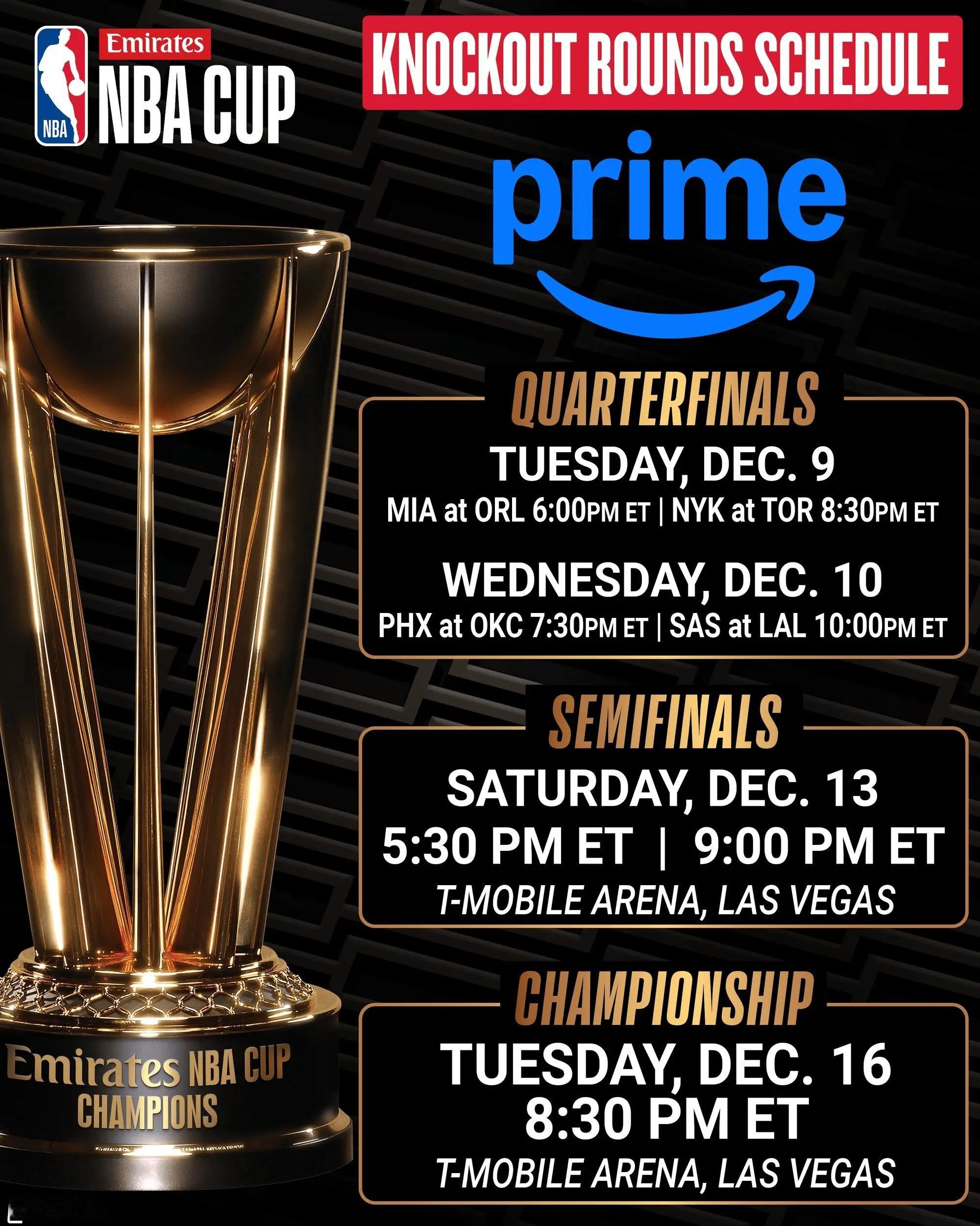 🔥NBA杯淘汰赛赛程：12月10&11日淘汰赛，14日半决赛&17日决赛今日N