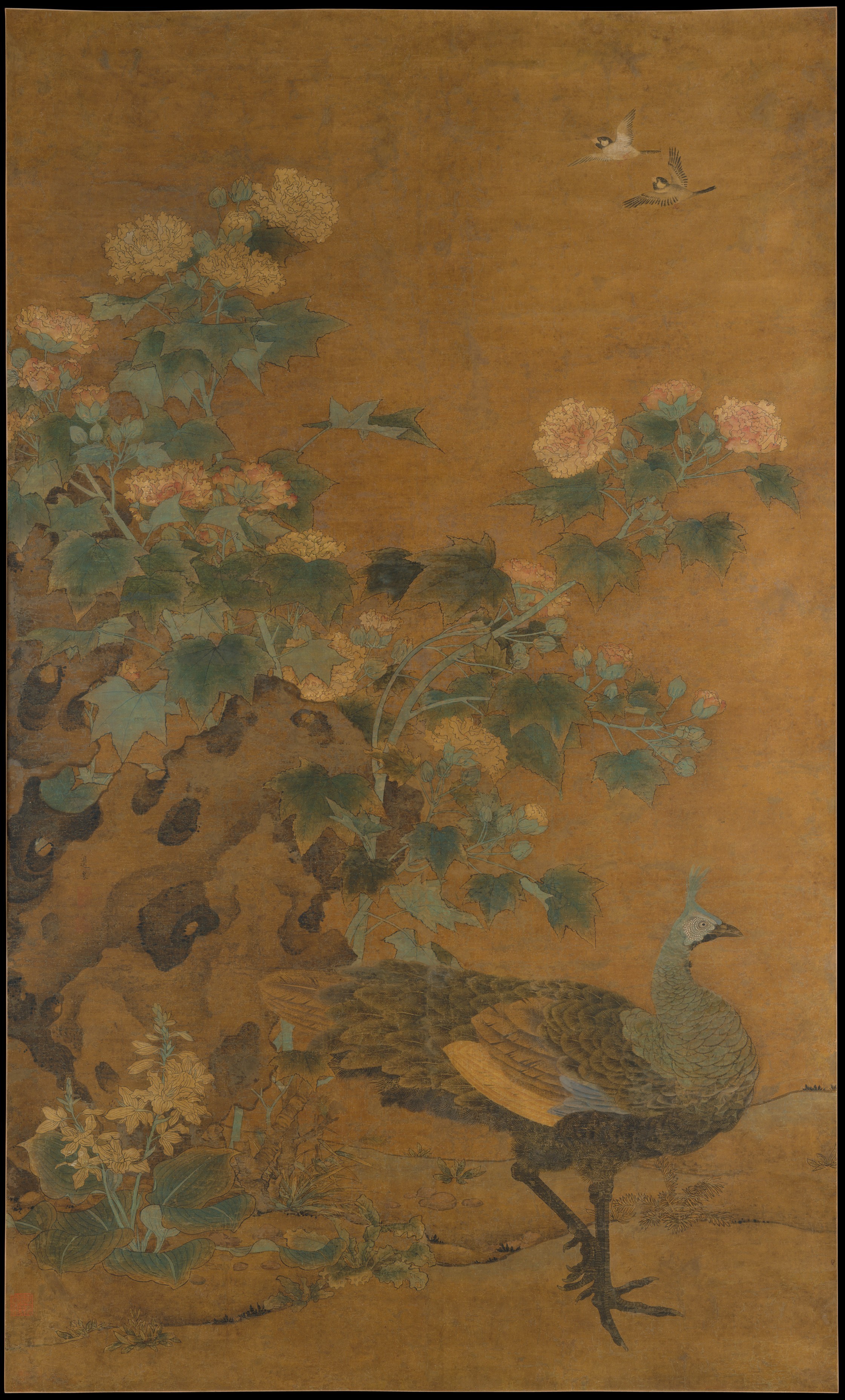 纽约大都会博物馆藏元代畏兀尔画家，边鲁《孔雀芙蓉图》 