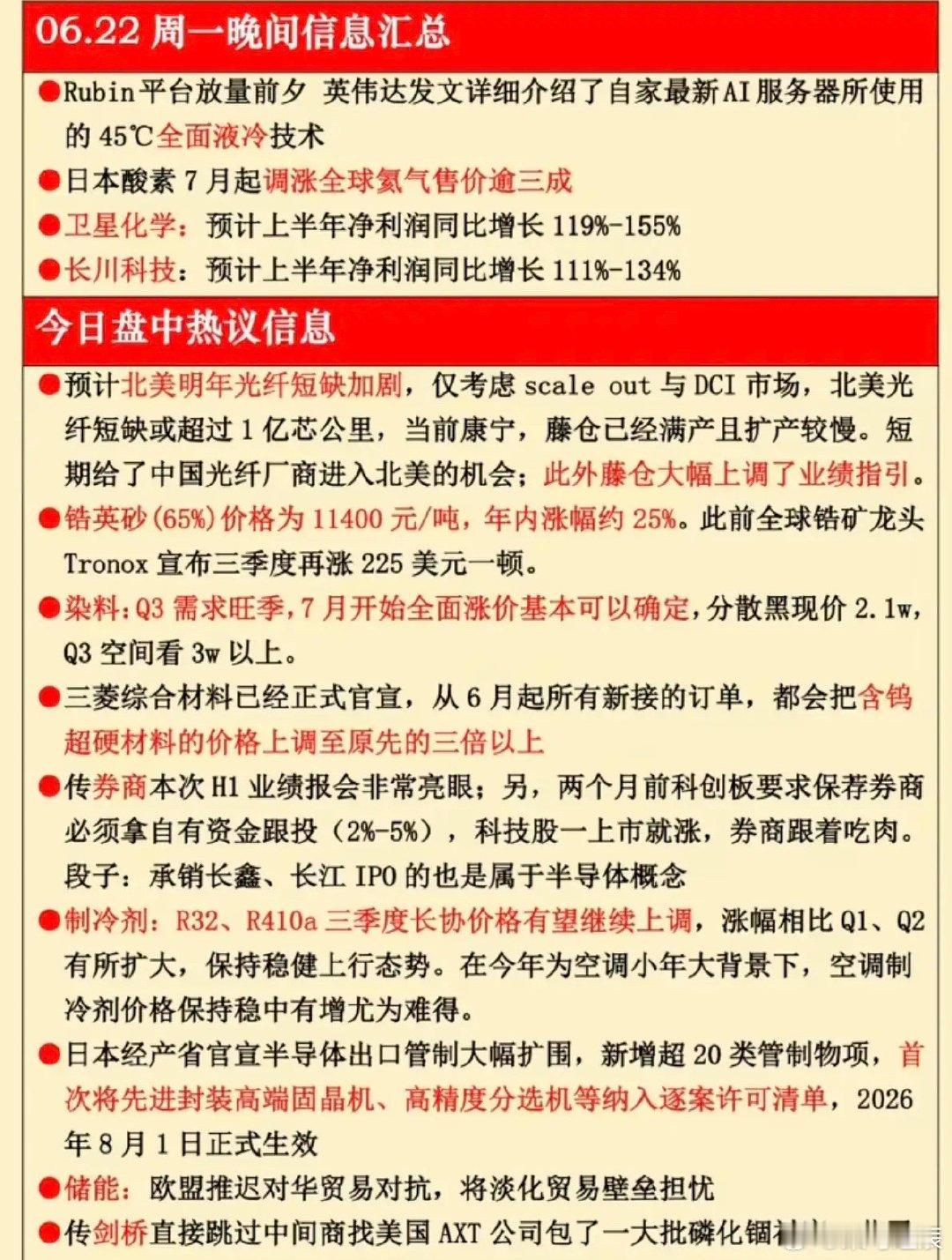 6.22周一晚间：  财经热点汇总！1.全面液冷2.氦气涨价3成3.光纤供应短缺