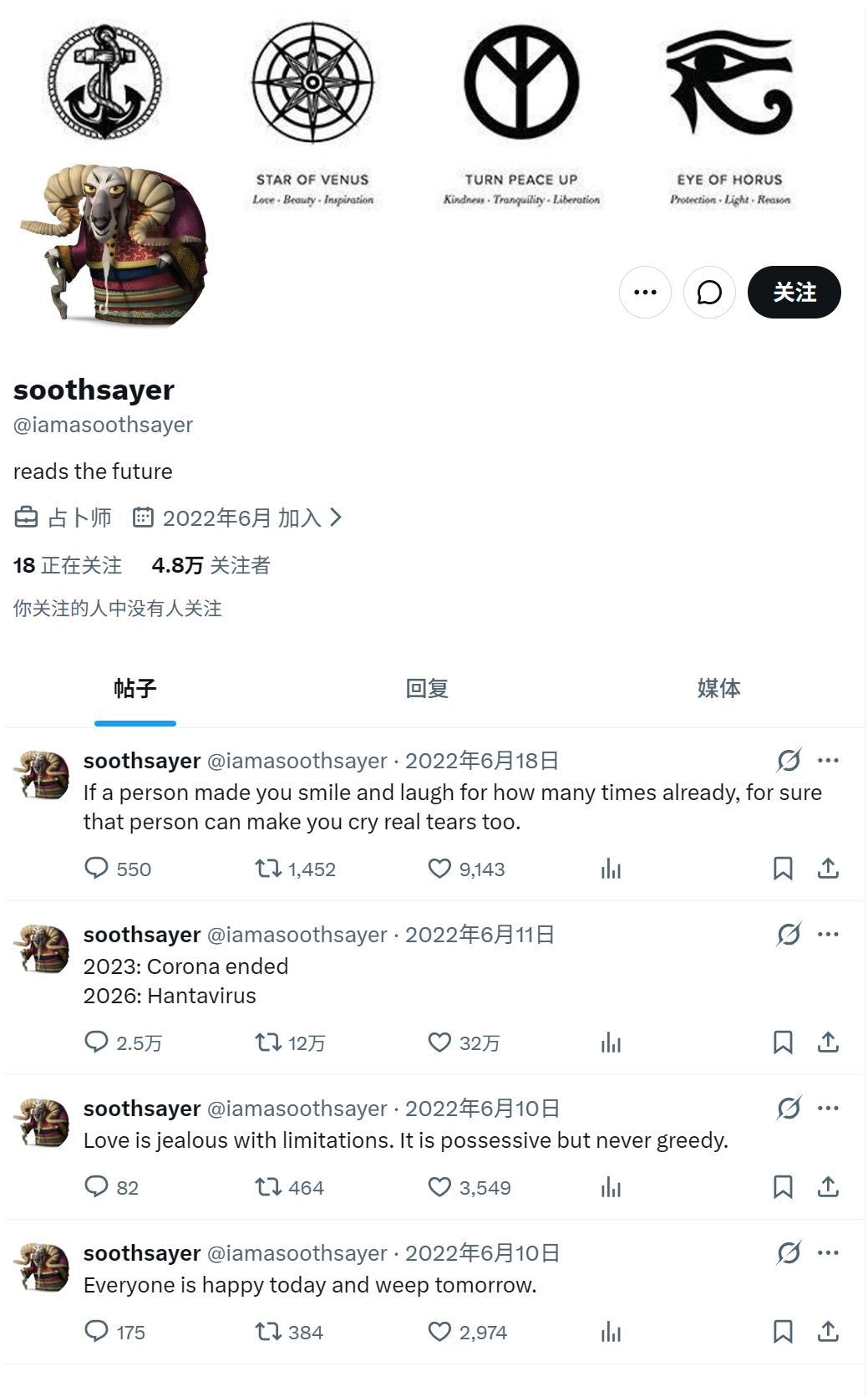 这个账号“soothsayer”是 2022 年 6 月注册的，发了 4 条内容