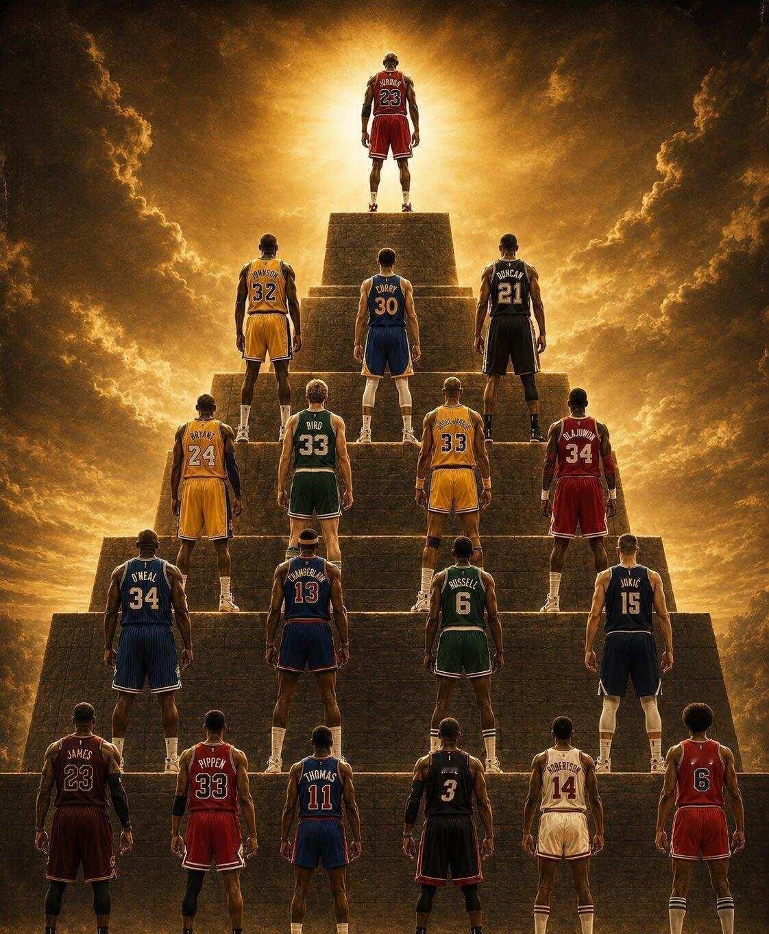 美媒：NBA历史地位金字塔排名
近日，美媒列出NBA历史地位金字塔排名，乔丹独一