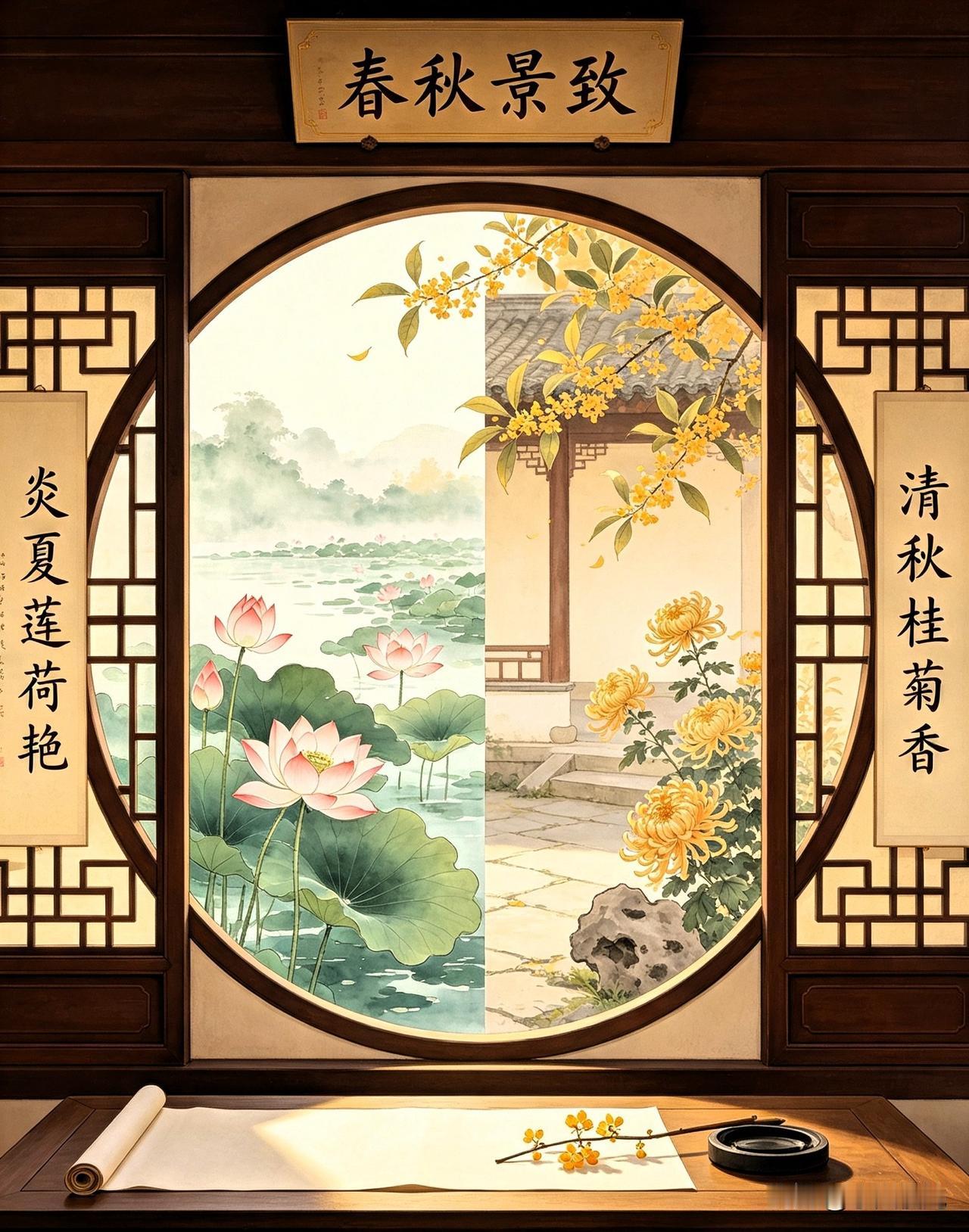 上联：炎夏莲荷艳
下联：清秋桂菊香
