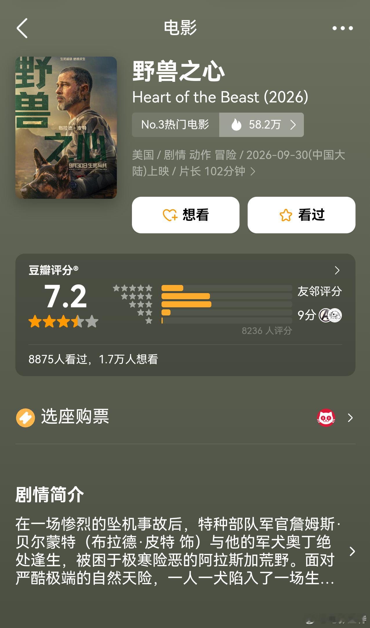 听听温特怎么说 布拉德皮特《野兽之心》豆瓣开分7.2分还可以，今天排片也起来了一