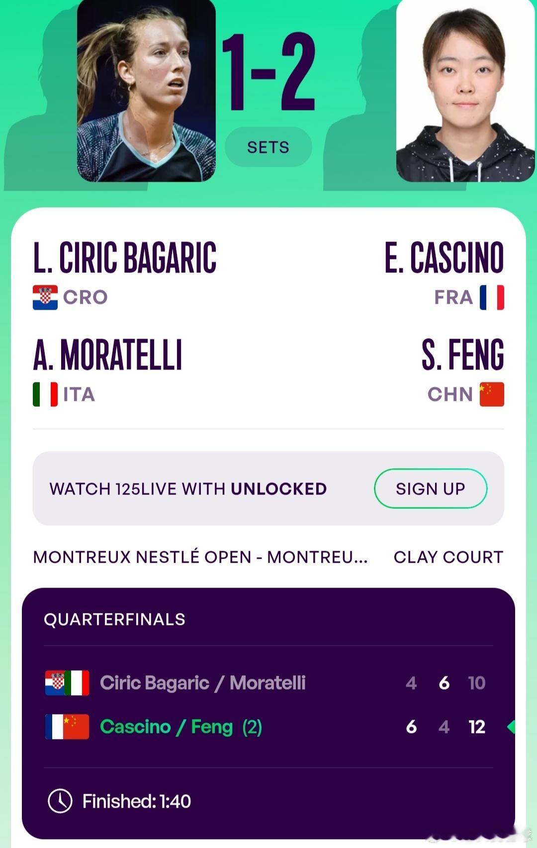 WTA125蒙特勒站🇨🇭女双首轮丰硕🇨🇳/卡西诺🇫🇷6-4/4-6/