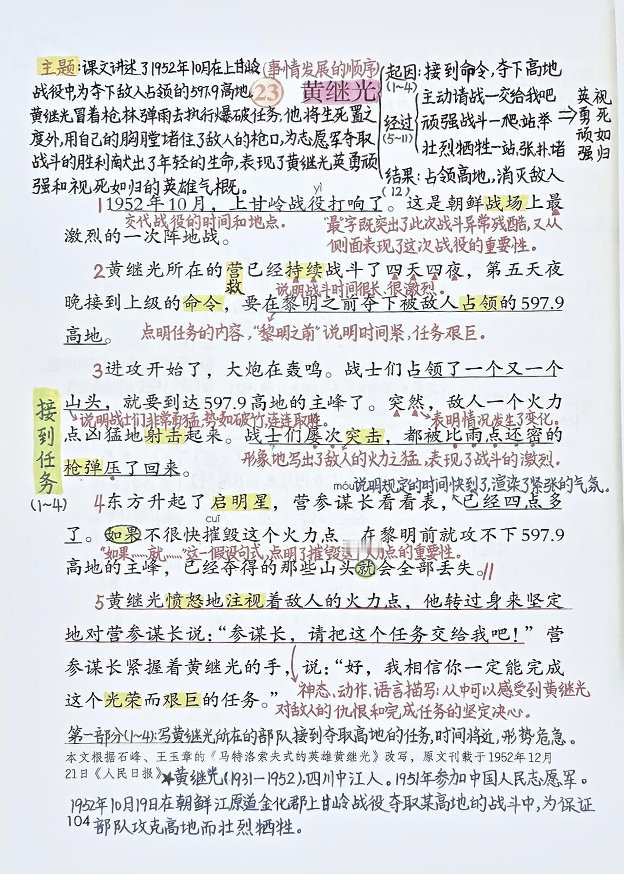 四年级下册语文，第七单元第23课《黄继光》课堂学习笔记，收藏备用四年级语文 四年