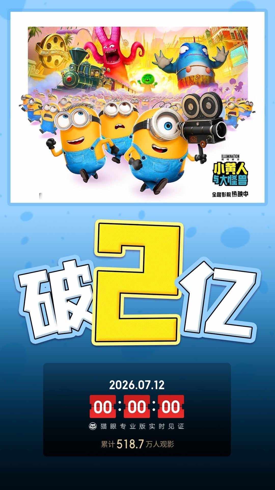 小黄人与大怪兽票房破2亿据猫眼专业版数据，电影 《小黄人与大怪兽》 上映10天，