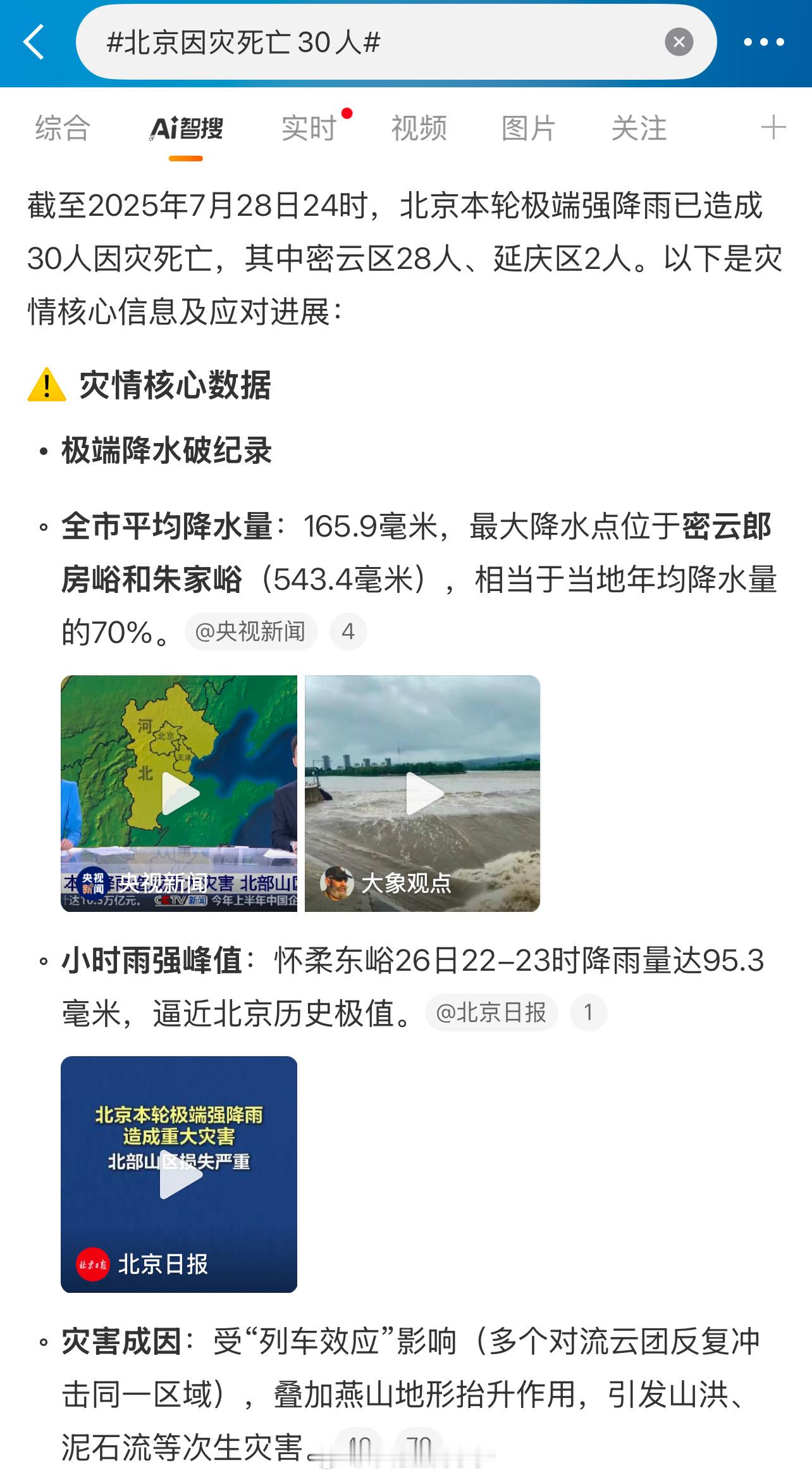 北京因灾死亡30人 太严重了吧，不知不觉的感觉心里非常不舒服😖 ​​​