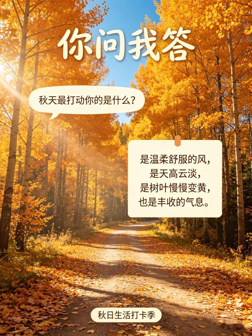 问：秋天最打动你的是什么？
答：秋天没有盛夏的燥热，也没有寒冬的凛冽，是温柔又舒