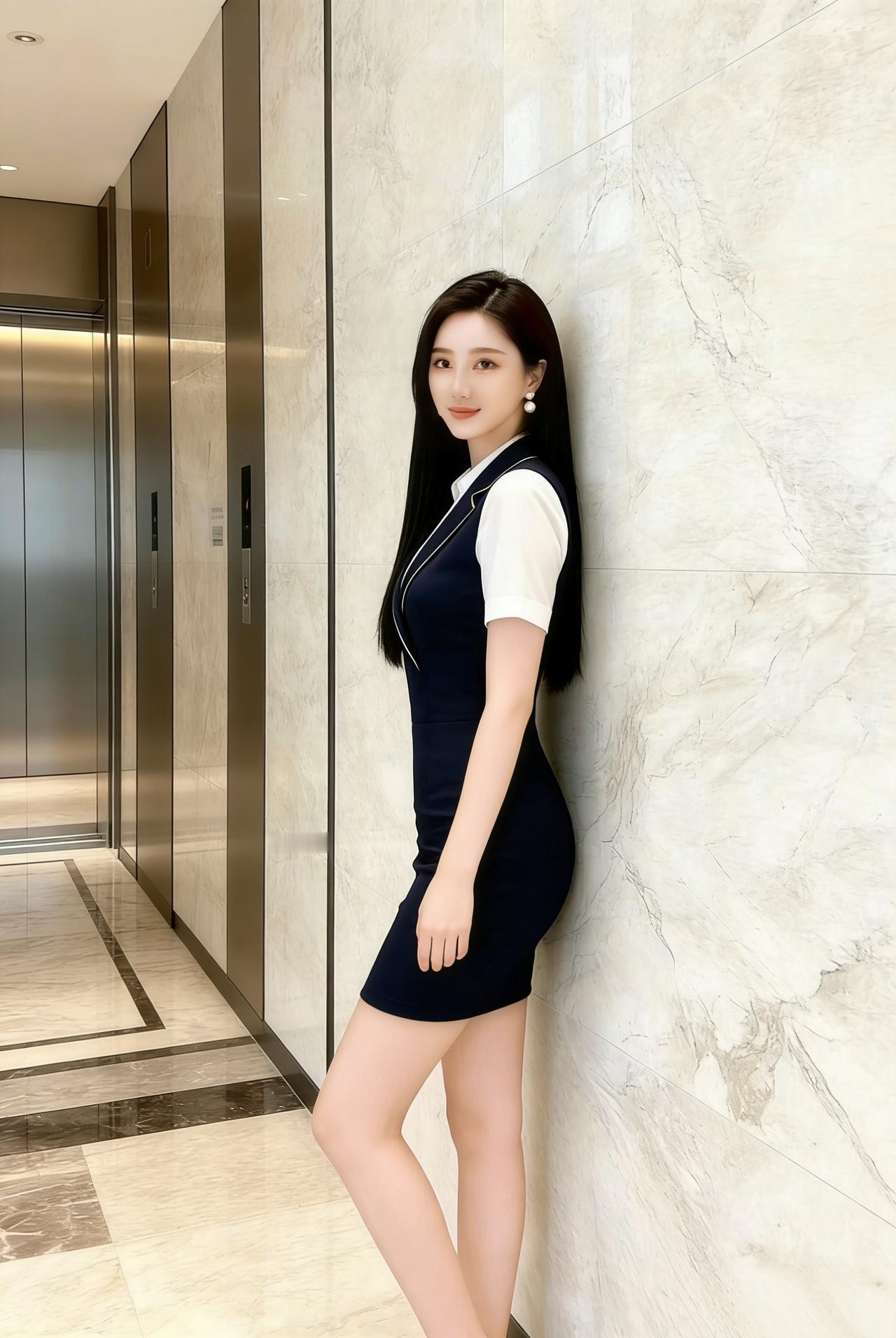 基础款白色短袖衬衫，领口是简洁的V型设计，显得清爽利落；
​藏蓝色无袖背心裙，领