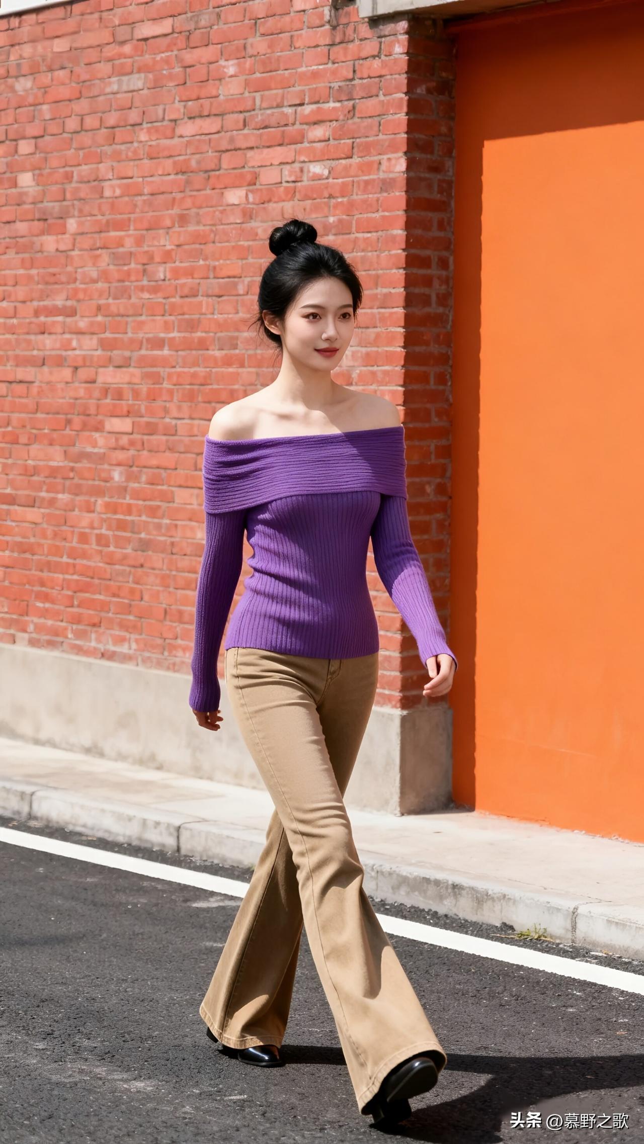 走在红砖墙和橙色墙面之间，紫色露肩毛衣和卡其色喇叭裤，撞出一种复古又时髦的调子。