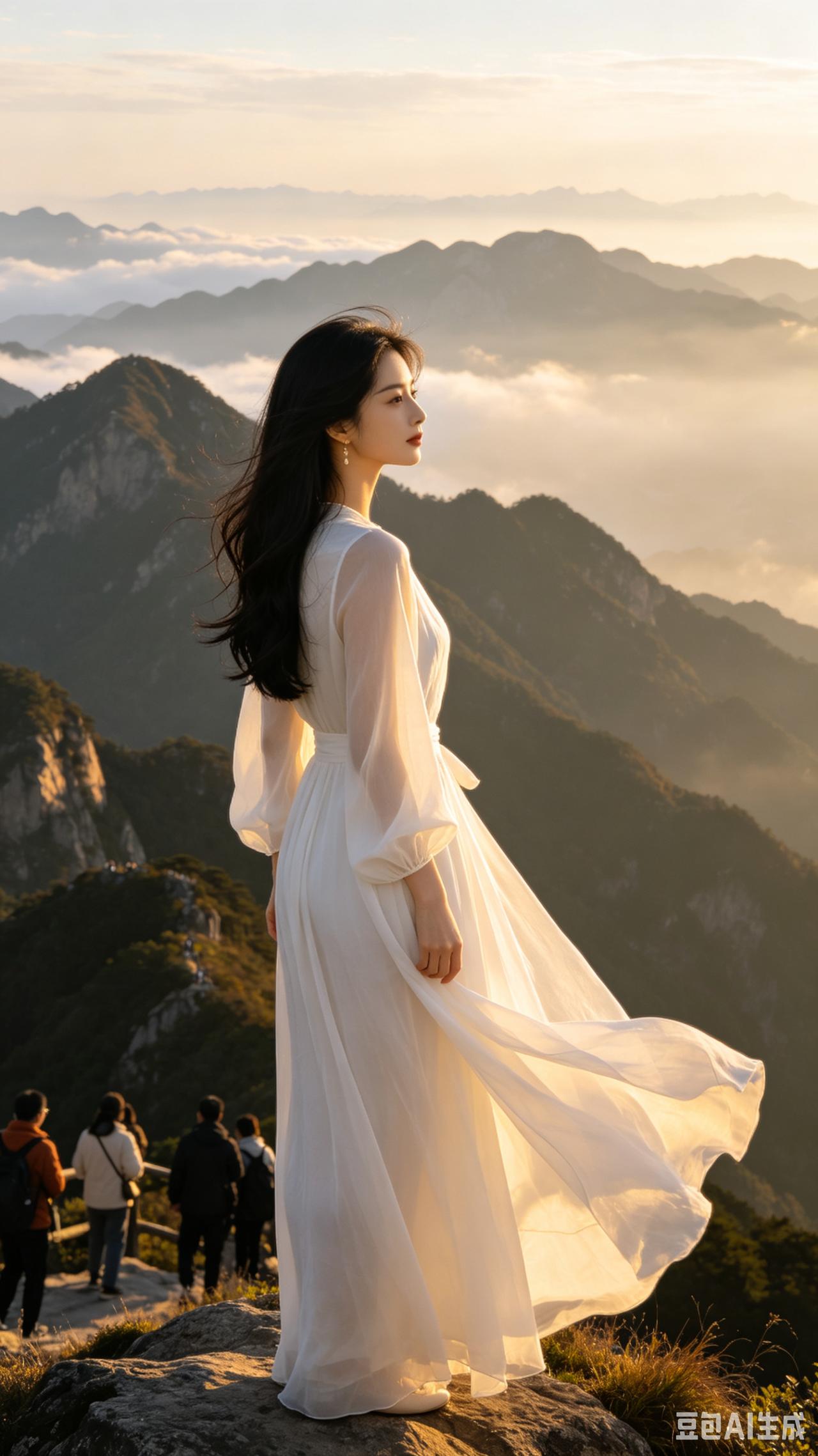 白衣少女立峰巅，一袭素裙舞风间。
遥看青山层层连，清冷之态惹人怜。
肤白高挑姿容