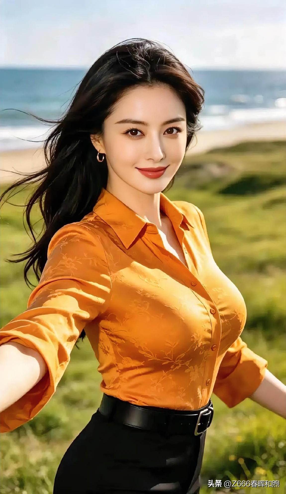 海风漫过青草地，橙衣曳光，黑裙束韵。发丝逐浪，笑映晴空，于天地间舒展成一帧明媚的