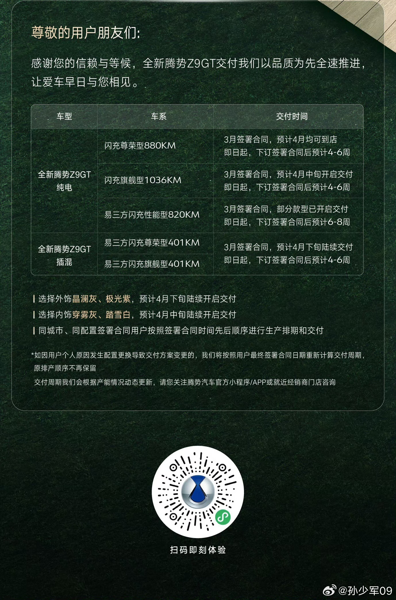 腾势按照不同版本把交付时间都列出来了这次腾势Z9GT热度不错，今年比亚迪各品牌销