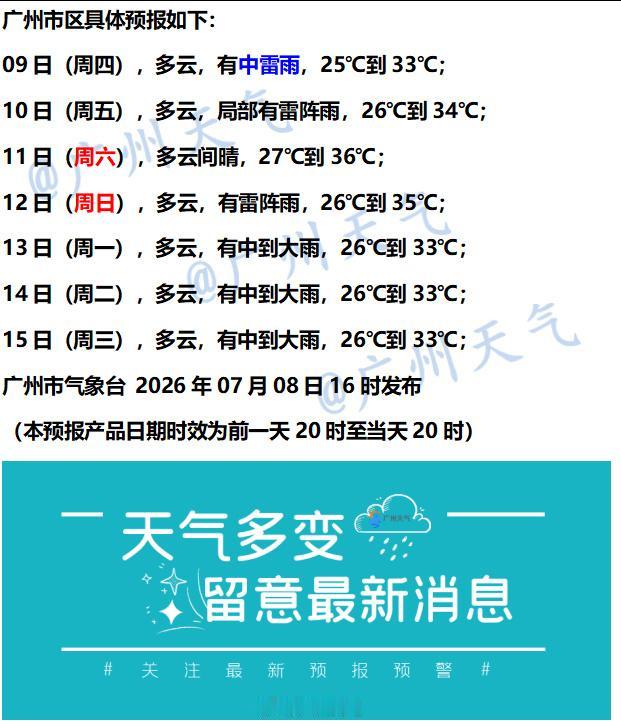 【广州未来七天（7月9日～7月15日）天气概览】广州地区明后两天以多云为主，伴有