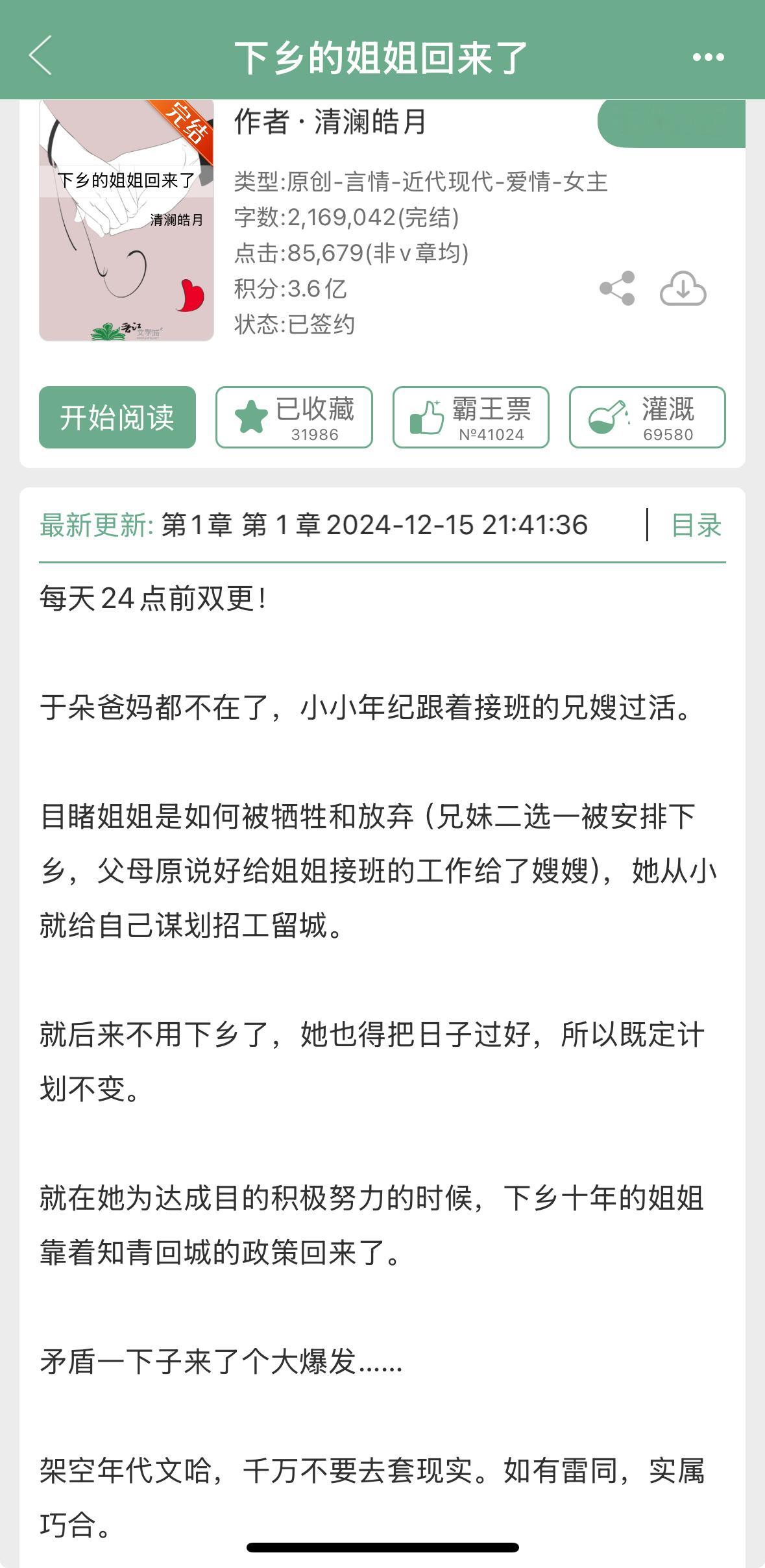清澜皓月的《下乡的姐姐回来了》完结啦，有没有看过的姐妹来反馈一下~ 