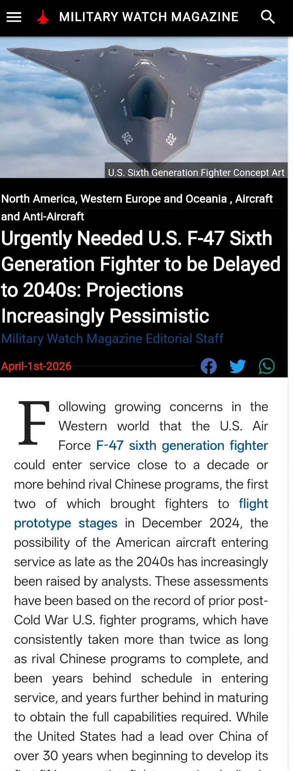 美媒：F-47恐延期到2040年代才能服役，中国六代机将领先美国服役10年以上 