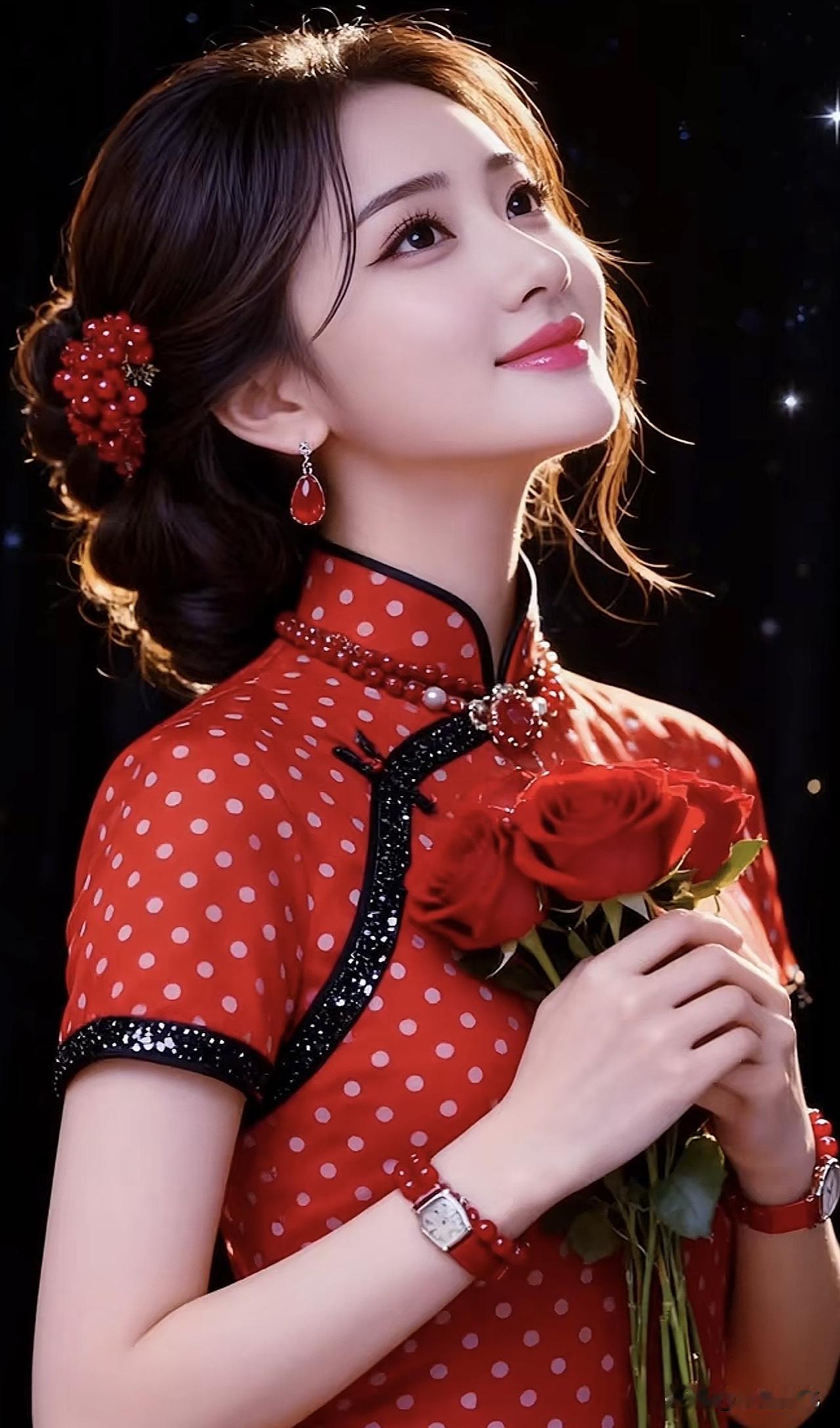 优雅红衣女子，手捧玫瑰，散发迷人魅力玫瑰红裙少女 红衣温柔少女 红衣女拍照 红衣