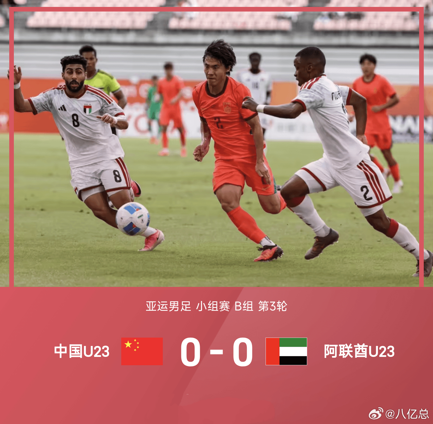 中国U23 0‑0阿联酋U23亚运男足小组赛B组第三轮，中国U23与阿联酋U23