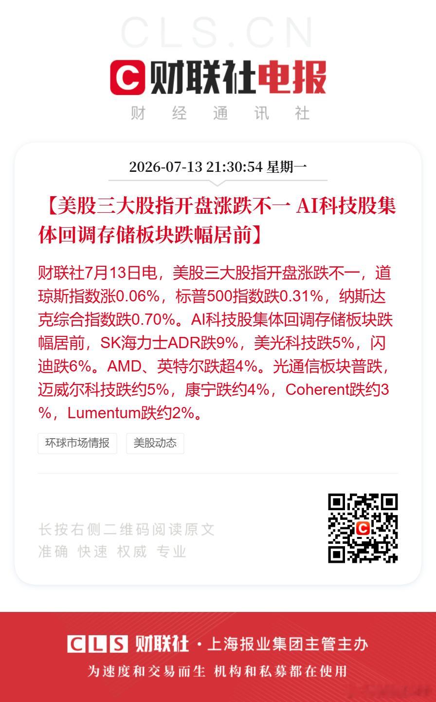美股AI科技股全线下行SK海力士美股跌9% 【美股三大股指开盘涨跌不一 AI科技