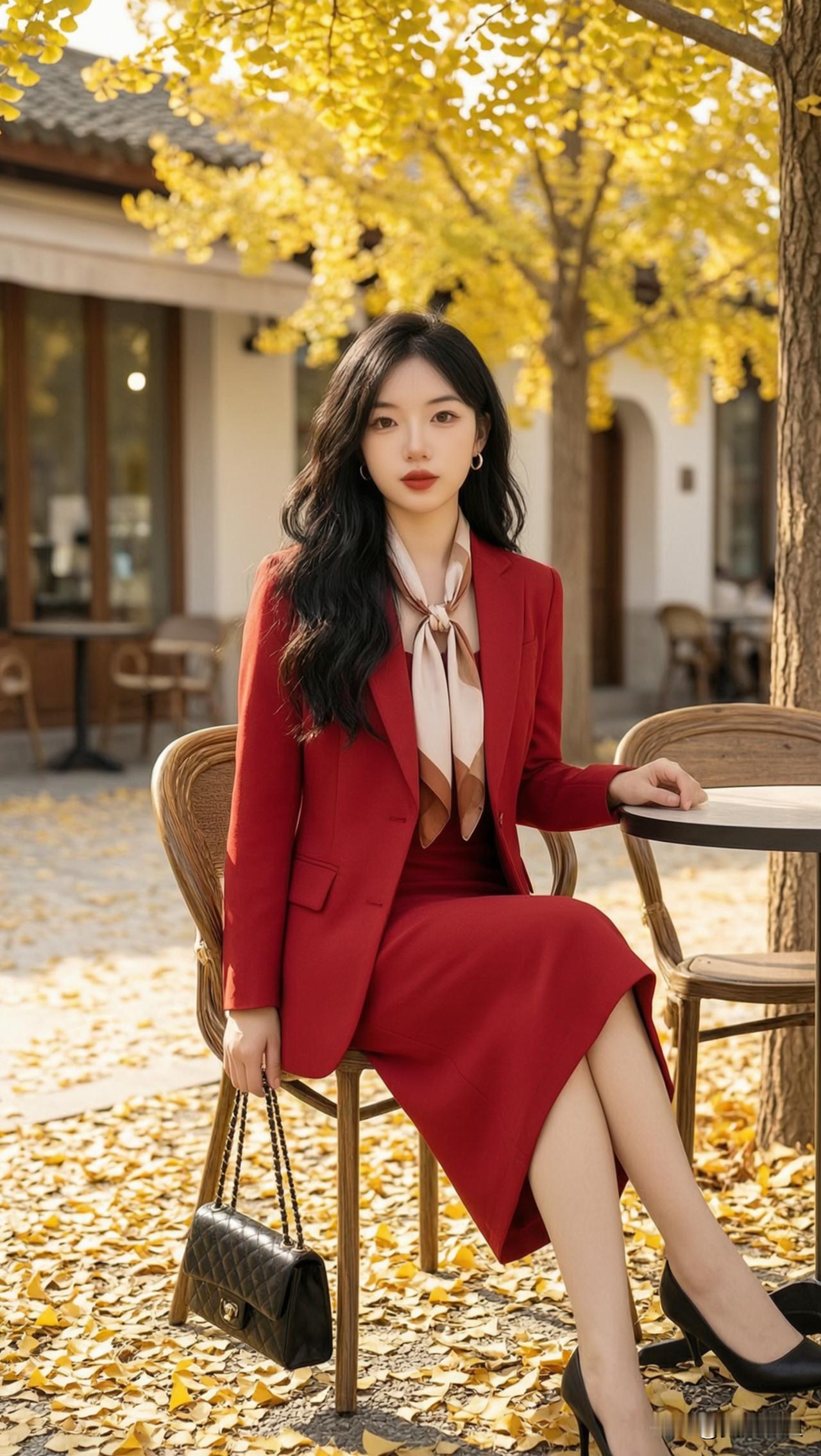 一个穿红裙子的女士坐在户外。