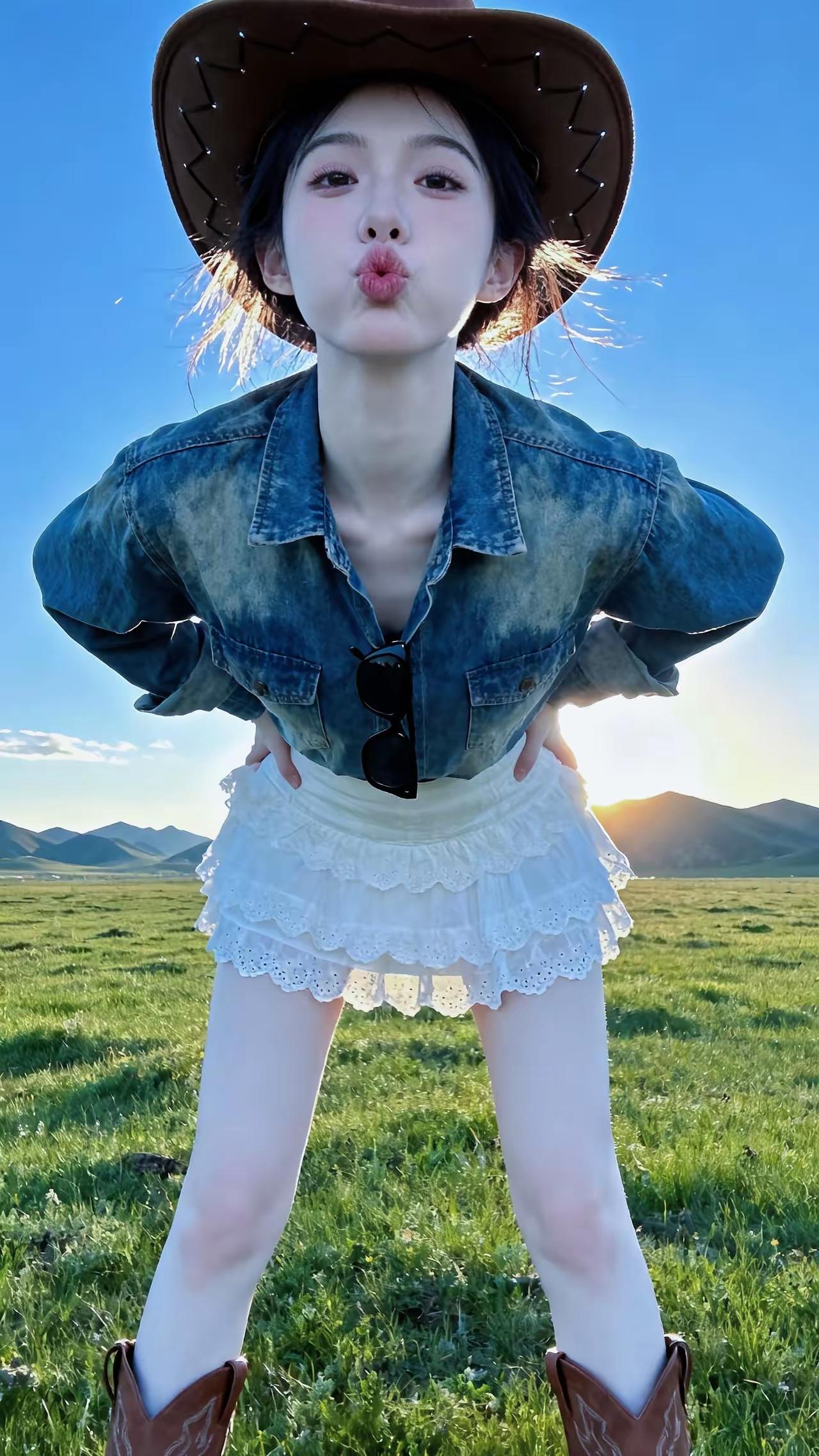 牛仔少女在草原上吹吻，自由自在，阳光灿烂！🌞👒👗👠