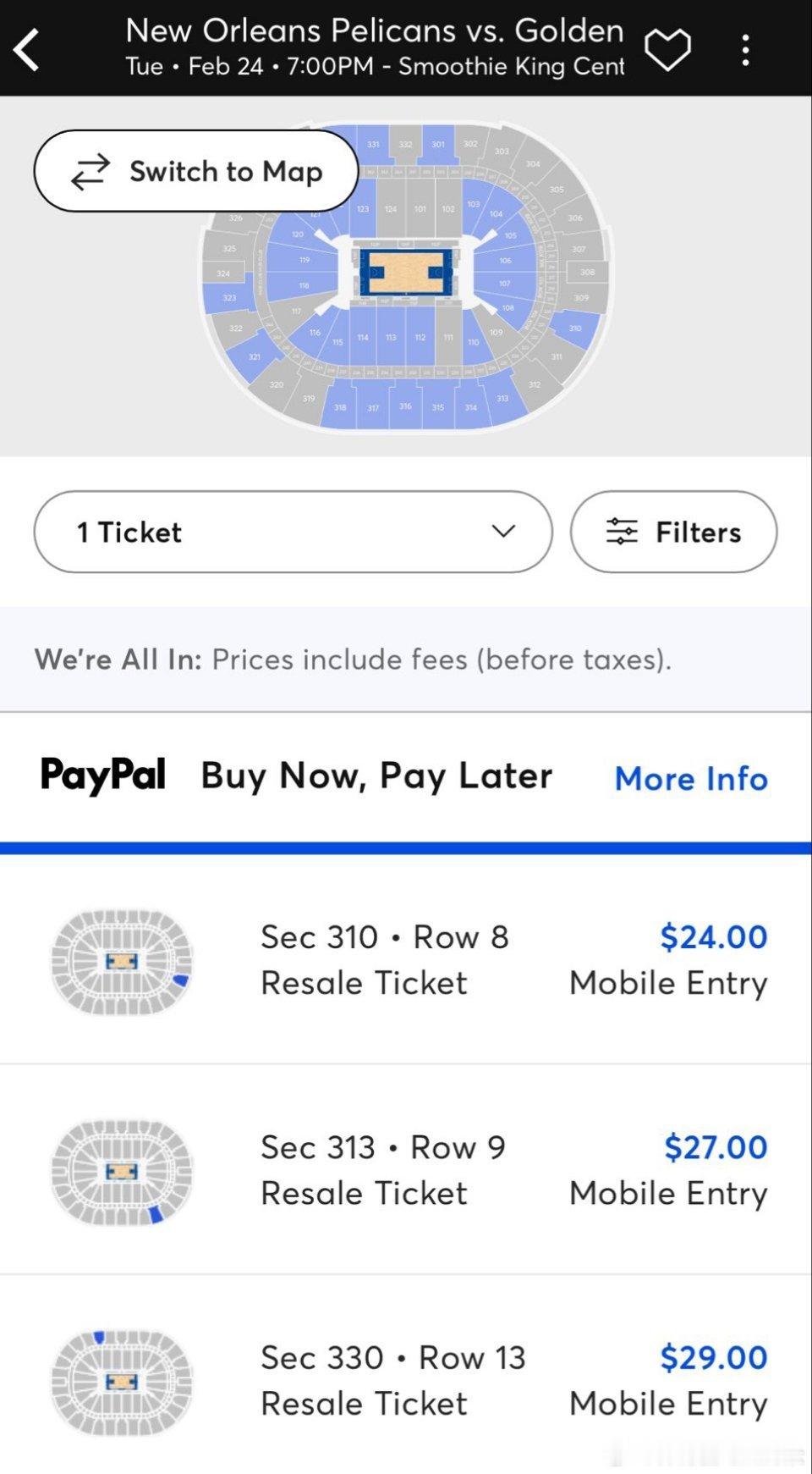 今天勇士VS鹈鹕比赛的最低入场票价是 24 美元（约等于165人民币）。金州勇士