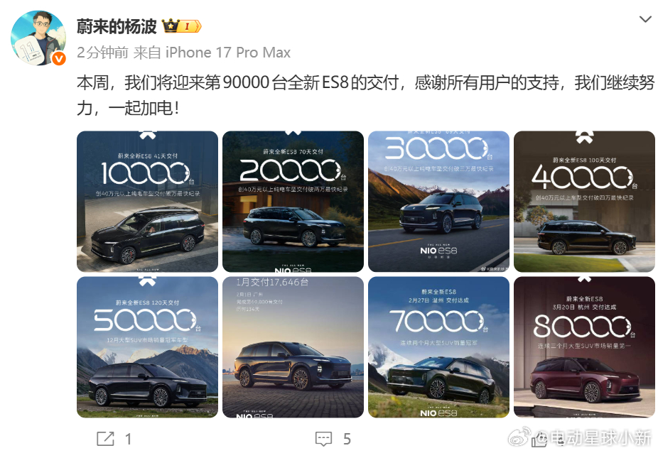 蔚来全新 ES8 将在本周迎来第 90000 台交付，大家觉得会是哪一天？蔚来全
