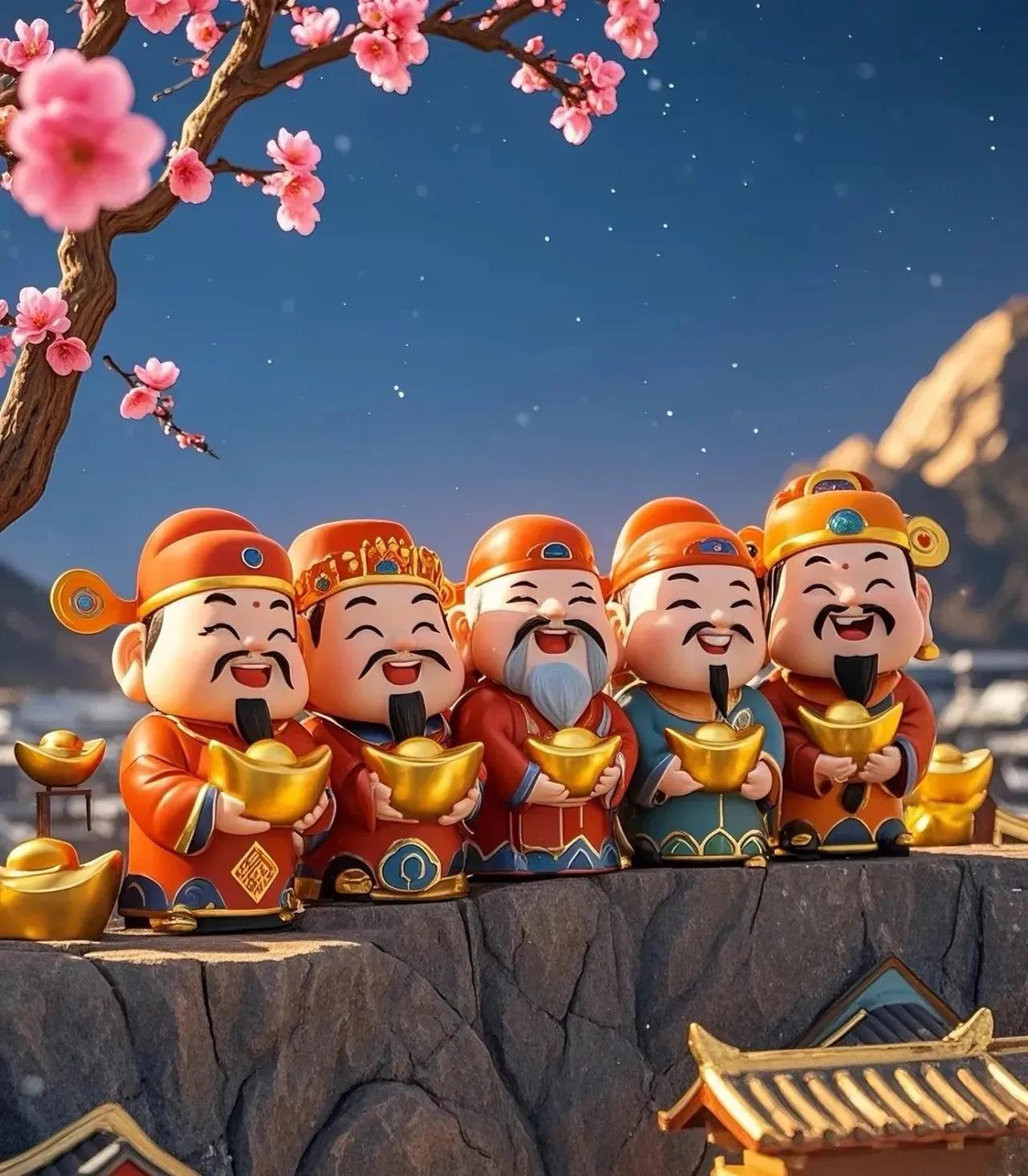 正月初五迎财神，迎福迎财迎好运。
财源广进发财年，开门迎来聚宝盆。
平安健康庆吉