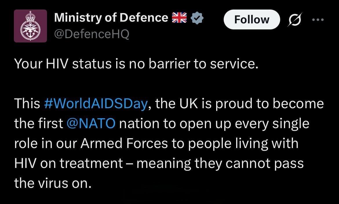 英国国防部宣布，英国军队将允许艾滋病感染者在任何军事职位上服役，这是北约的首例。