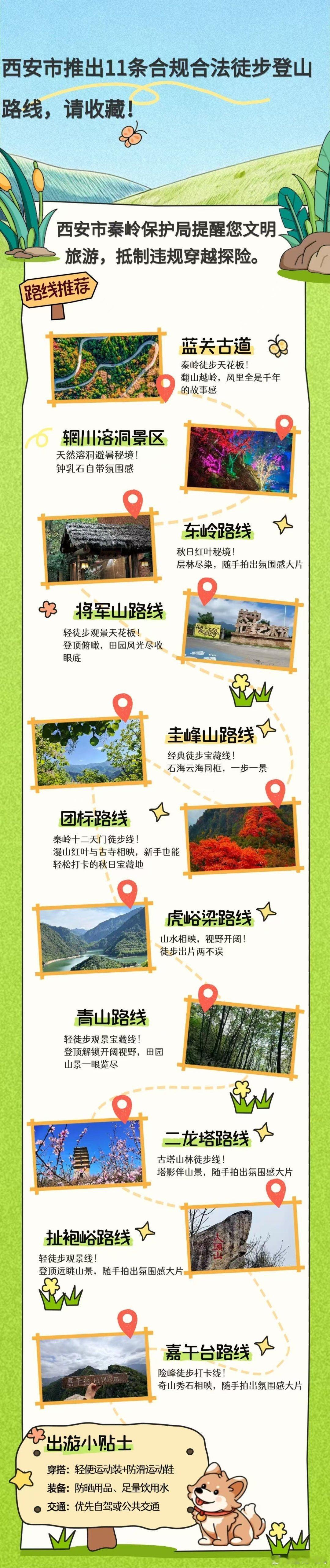 西安11条合规合法徒步登山路线 近日，西安市秦岭生态环境保护管理局正式发布《西安