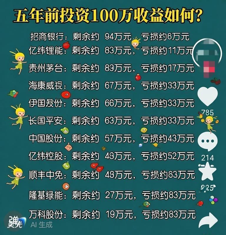 五年前投资100万，这些股票的最终剩余价值如何？
1. 招商银行：剩余约94万元