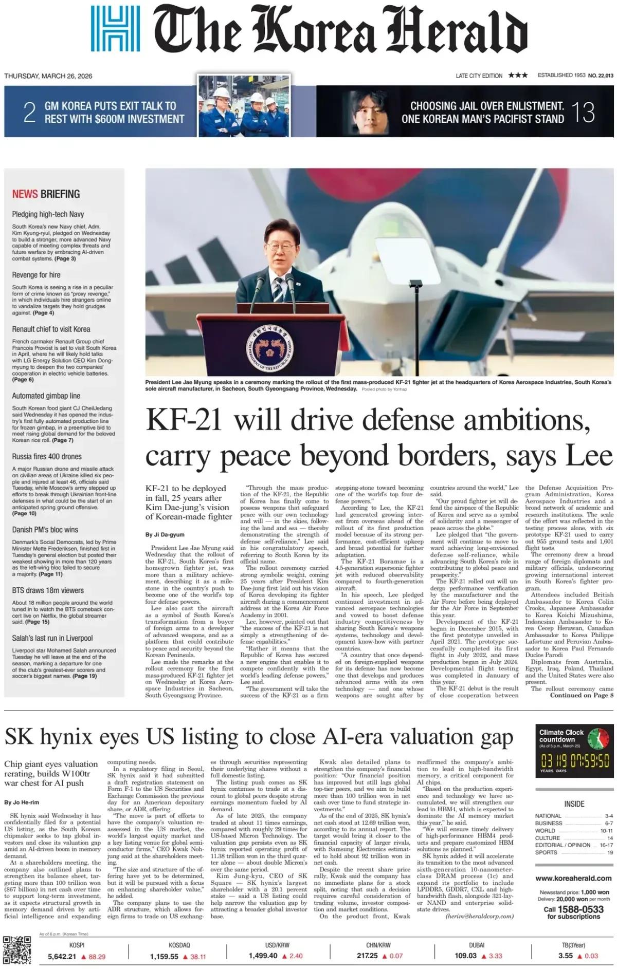 今天几乎所有韩国媒体都在头版，头条报道韩国高度重视KF-21“猎鹰”战斗机正式量