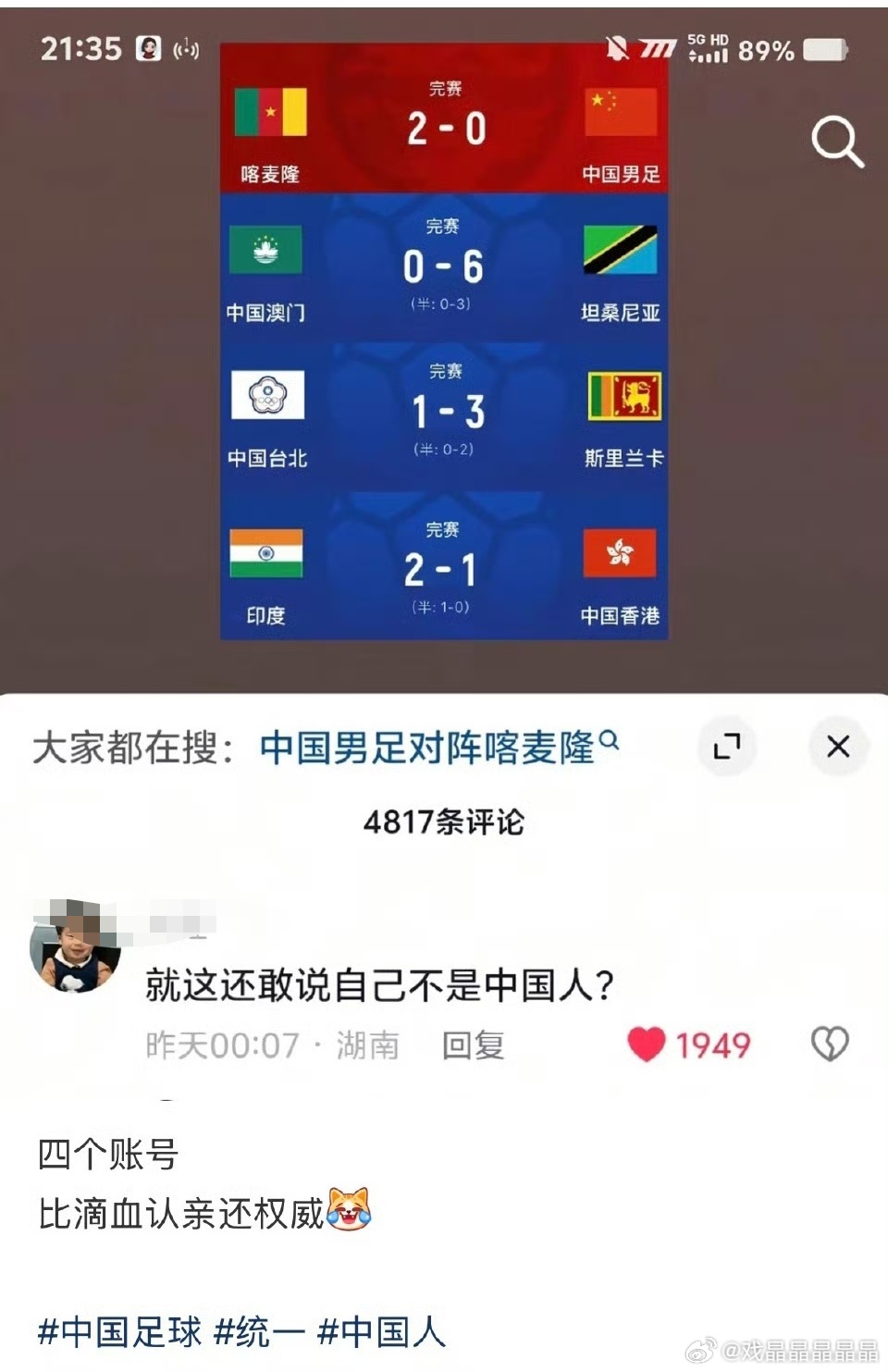 靠足球队成绩认中国人太准了，中国四个球队都输了。。。 都进不了世界杯。 