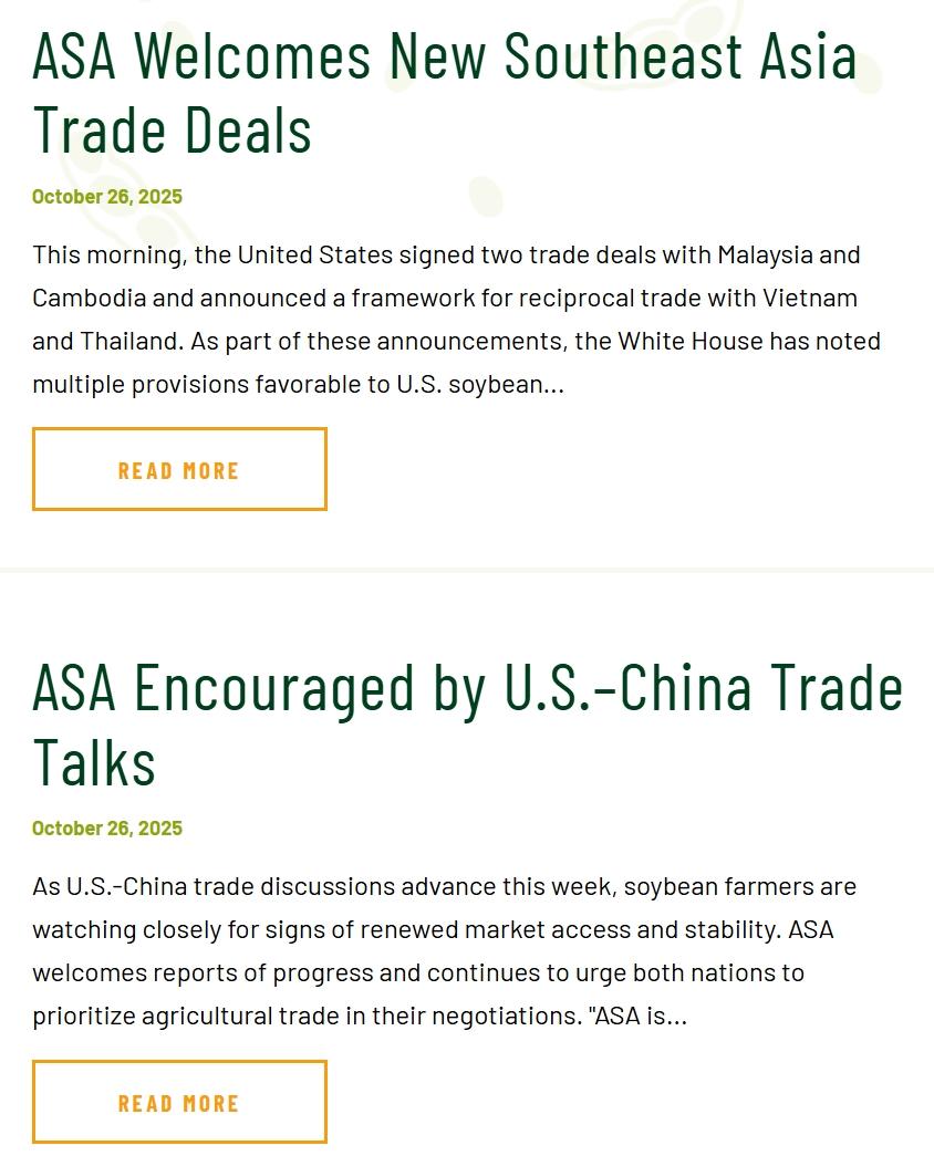 美国大豆协会，一口气发出了两份声明，就是下面这张图。

因为等到了两个好消息。