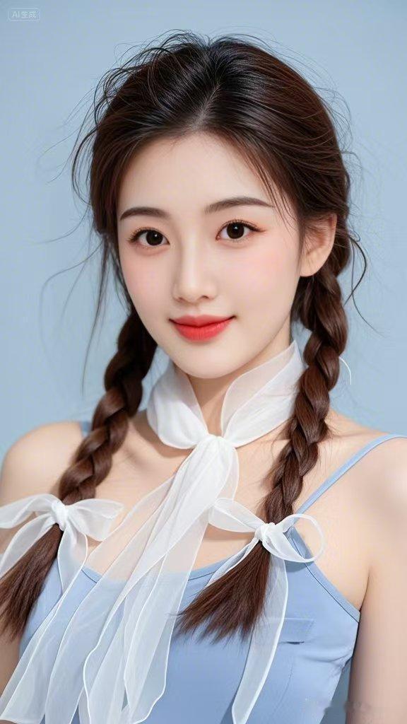 灵动双马尾俏皮，少女眉眼清甜动人，精致容貌直击人心。明媚神态鲜活娇憨，满满的青春