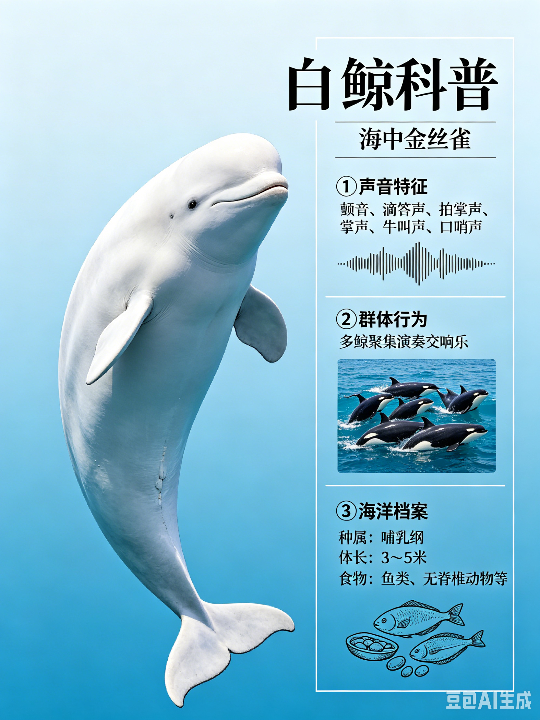 海洋朋友圈 白鲸海洋档案种　属：哺乳纲体　长：3～5米食　物：鱼类、无脊椎动物等