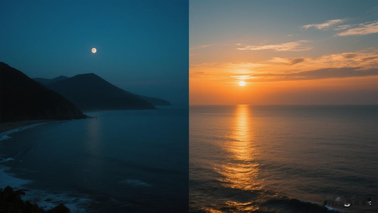 赏析：这幅下联“日出东海天空明”与上联“月落西山大地暗”相映成趣。时间上，“日出