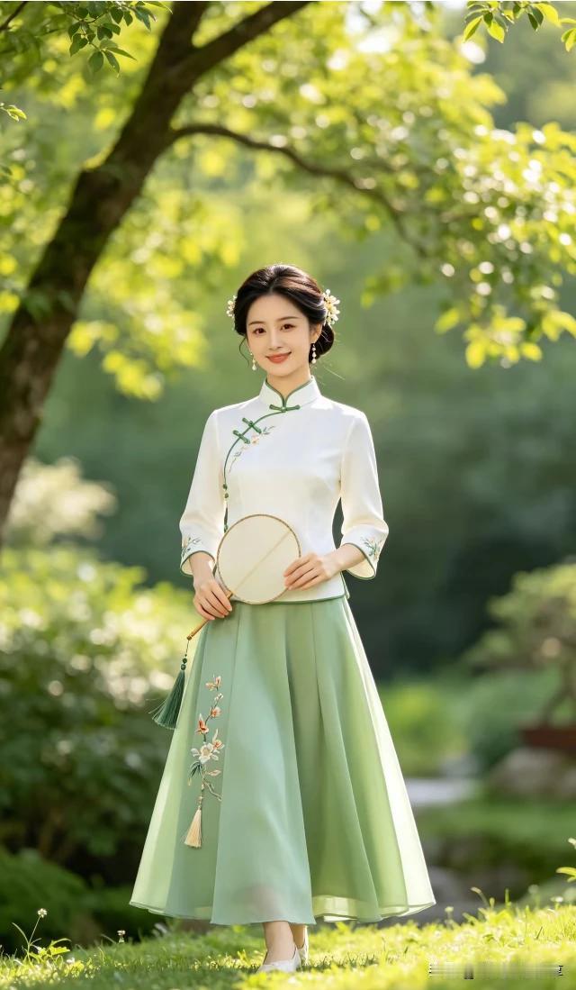 古柏参天翠意柔，
林间石径缓慢游。
佳人结伴寻幽趣，
亲近自然乐心头。