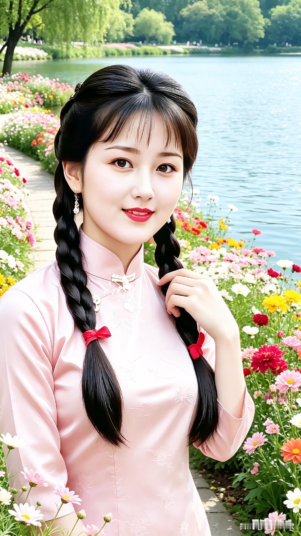 这位姑娘在公园里拍照呢。