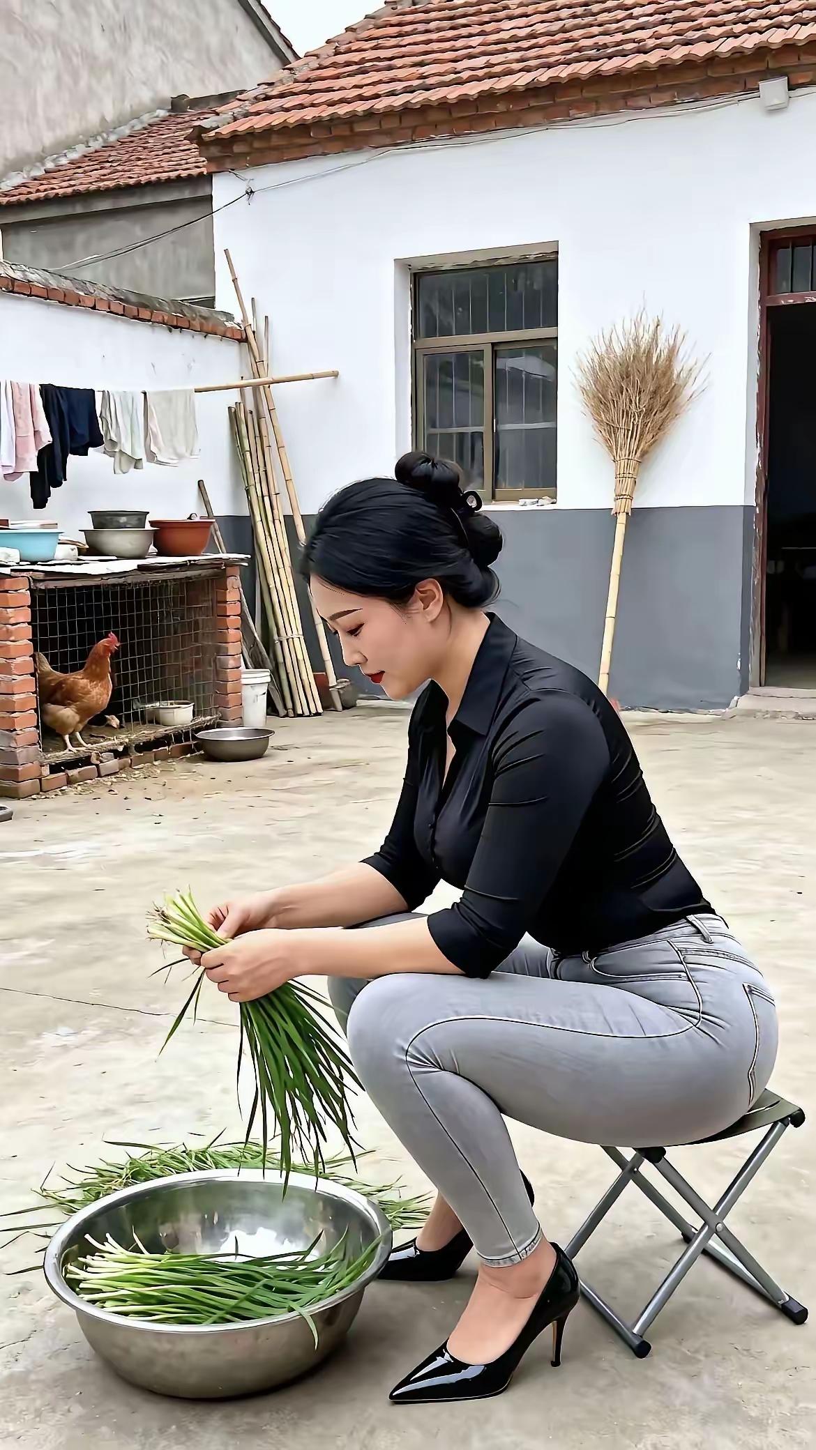 这姑娘在院子里洗菜呢，那认真的模样还挺招人稀罕。她穿着碎花小裙，蹲在水桶旁，一双