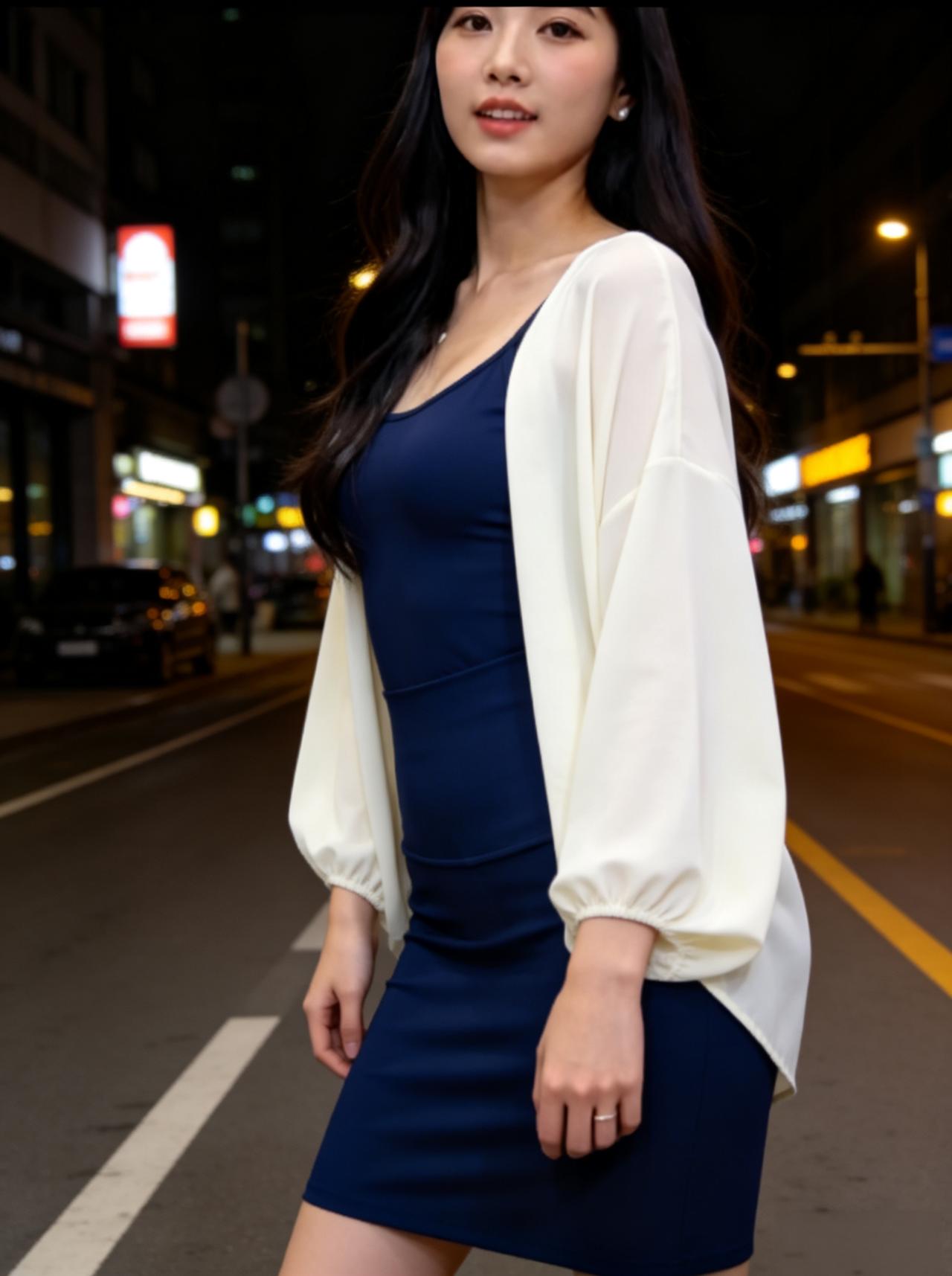 白色宽松上衣搭配深蓝蕾丝吊带，下搭同色系半裙，甜妹感拉满。
气质穿搭