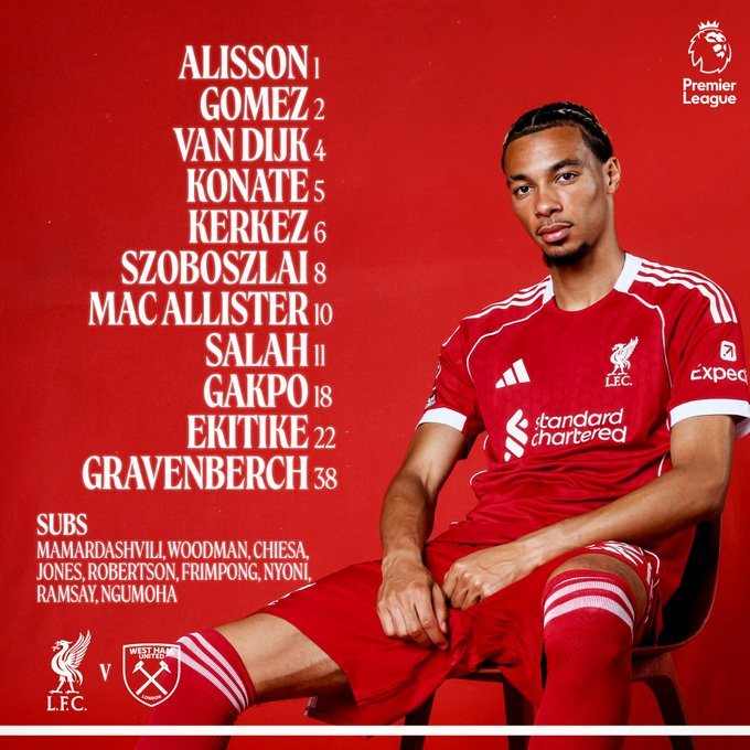 利物浦首发：1-阿利松、2-戈麦斯、4-范戴克、5-科纳特、6-科尔克兹、8-索