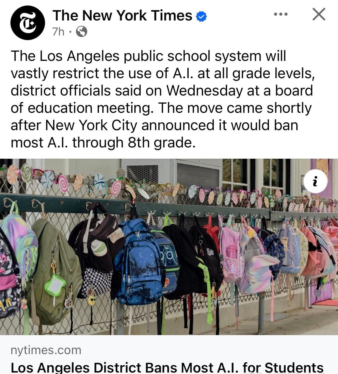 继纽约宣布禁止八年级以下学生使用大多数 AI 工具之后，洛杉矶也跟进了……其实我
