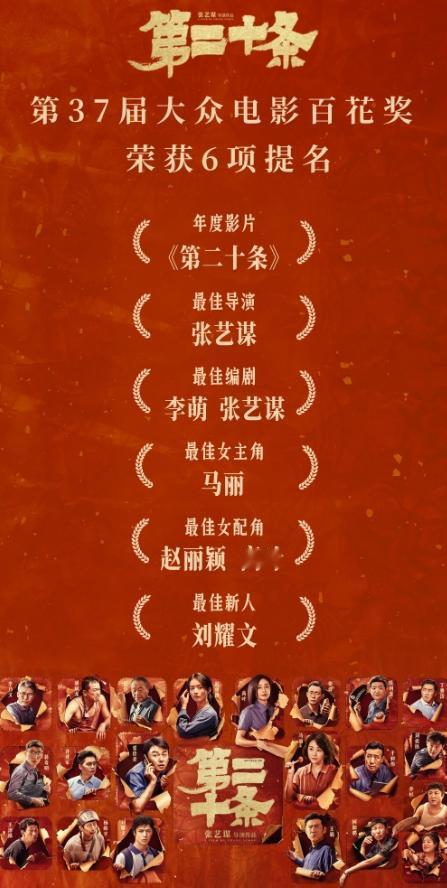 《第二十条》6项提名百花奖
《第二十条》3位重要的女演员全都提名百花奖女主女配，