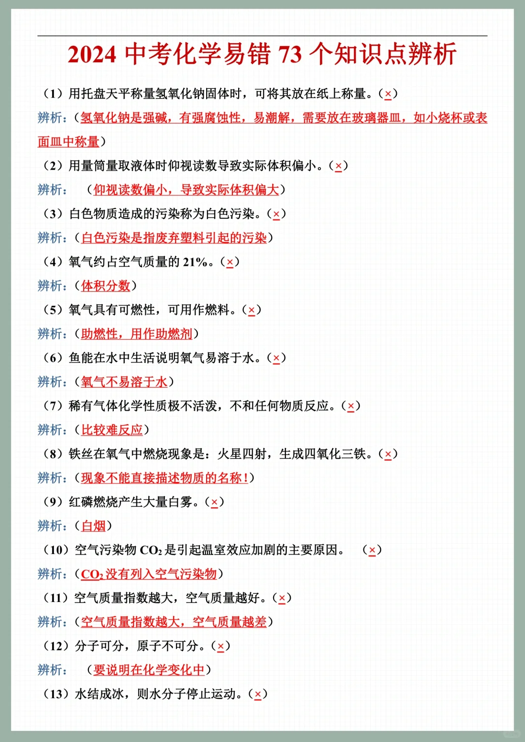 2024中考化学73个易错知识点总结🔥