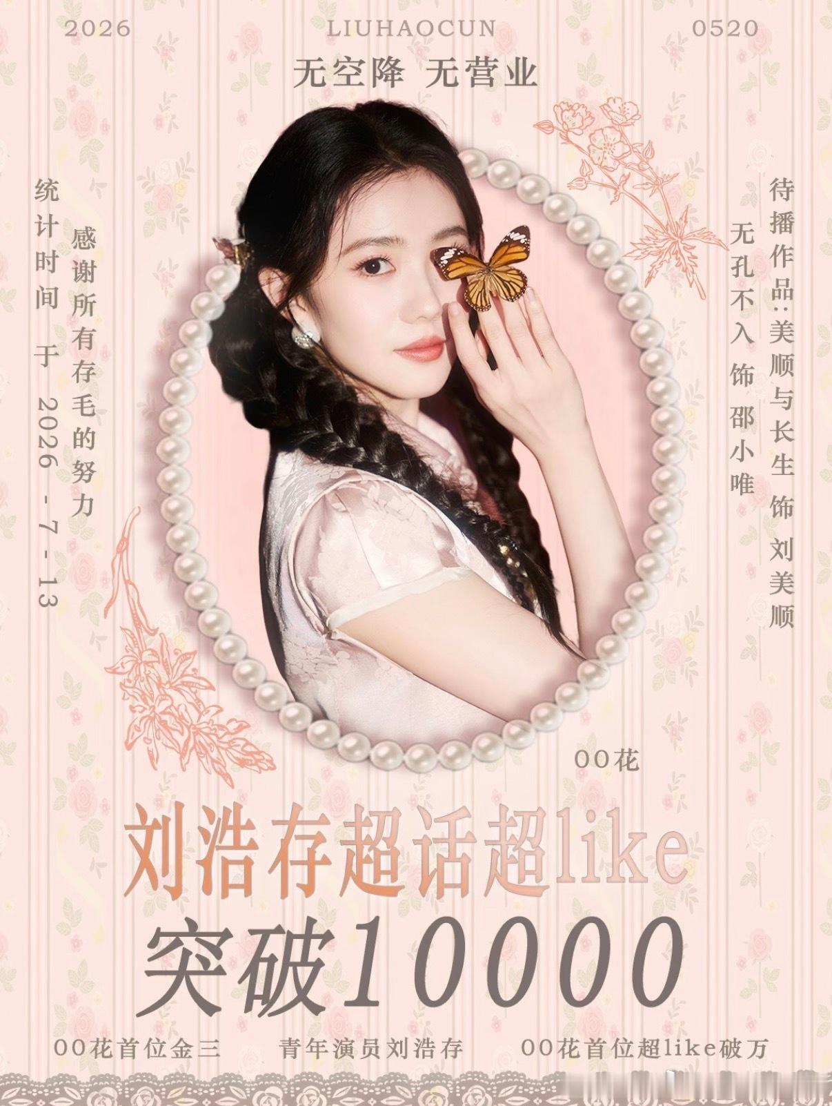 刘浩存无空奖无营业，超like首破万，00🌸首位，恭喜001刘浩存